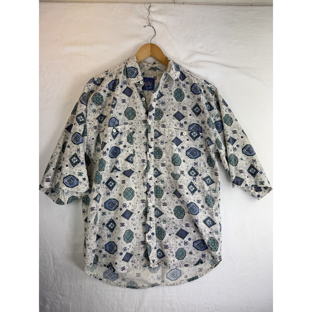 Vintage Santana‎ Shirt Mens Small White Blue Green Pattern Button Up Cotton 90s